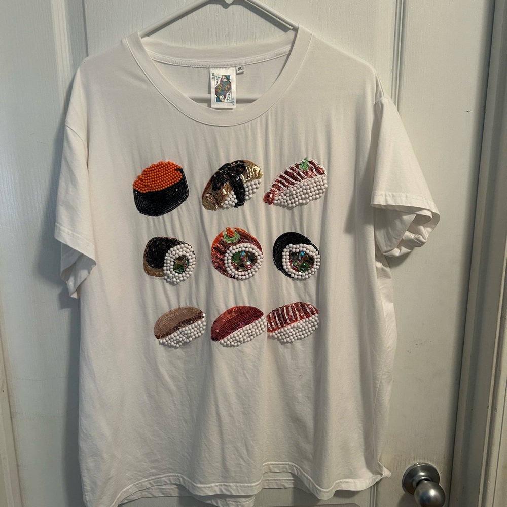 QUEEN OF SPARKLES Sushi Embellished Tee - White